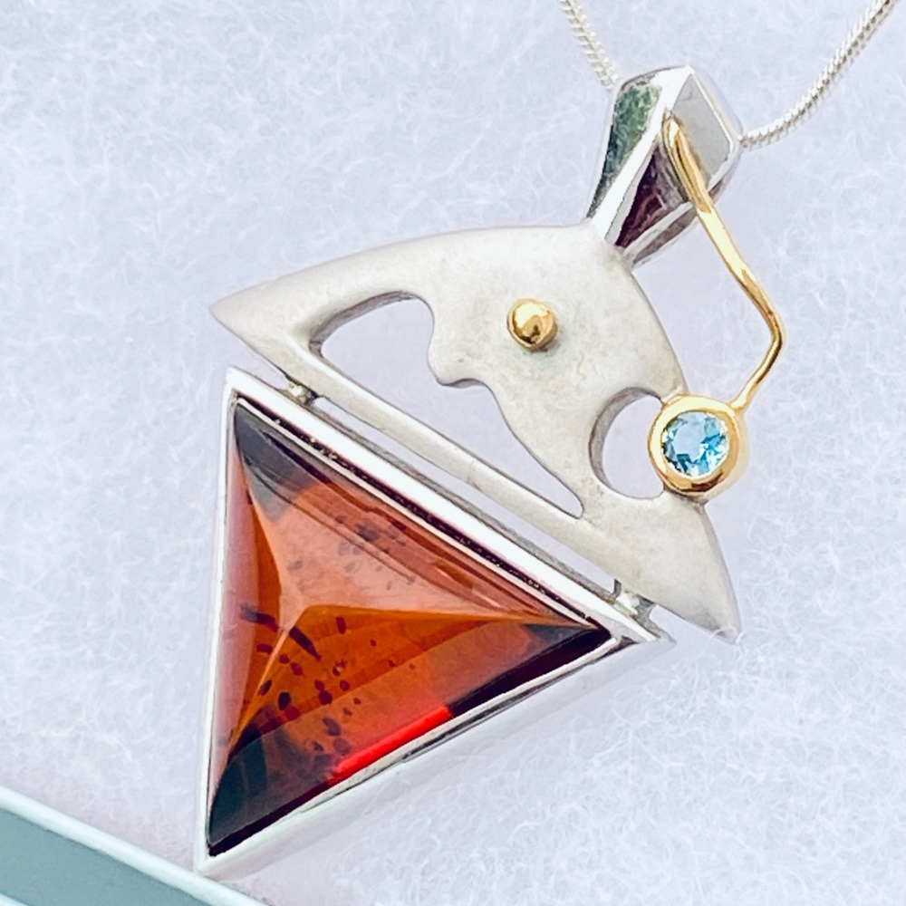 Triangular Silver and Gold Necklace with Baltic Amber and Blue Topaz Accents